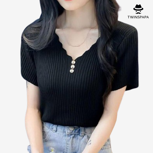 [트윈스파파] 여성 골지 브이넥 반팔 니트티(P0000TYT/4컬러)