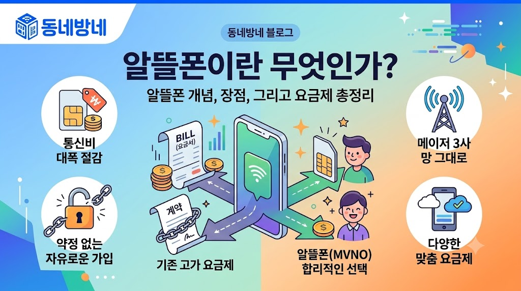 휴대폰 구매 사이트 선택 기준과 자급제폰, 알뜰폰 요금제, 오픈박스폰 비교 방법을 설명하는 동네방네 안내 이미지