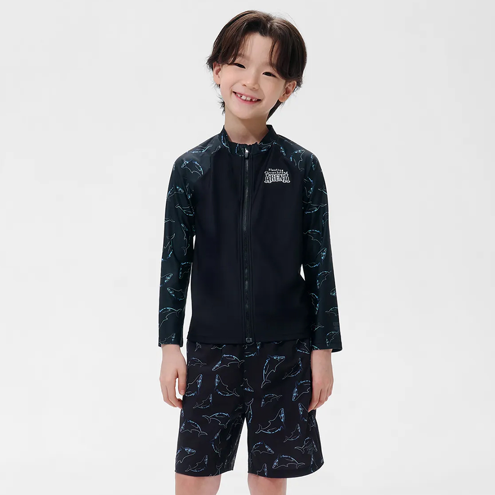 아레나 키즈 돌핀 레귤러핏 집업 래쉬가드 블랙