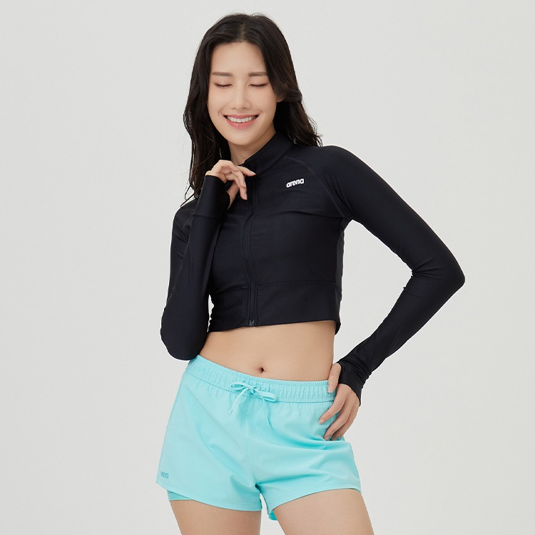 아레나 아울렛 우먼 뉴웨이브 레귤러핏 세미크롭 집업 래쉬가드 블랙