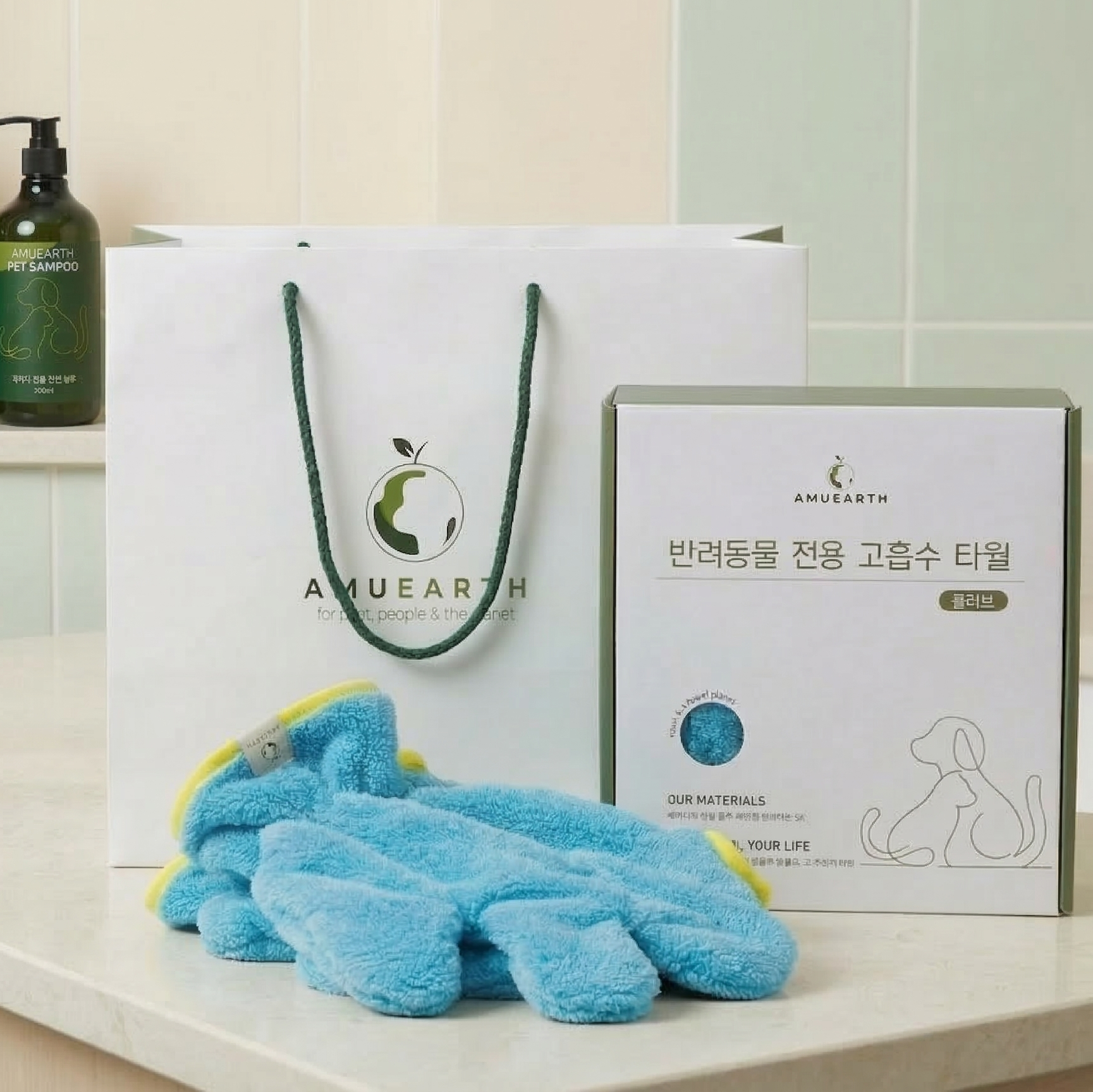 [아뮤어스] 아보카도 그린 펫 글러브 고흡수 항균 소취 강아지 고양이 장갑타올 수건