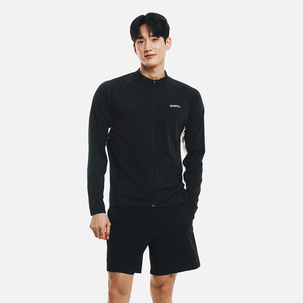 배럴 맨 에센셜 릴렉스핏 배색 집업 래쉬가드 블랙