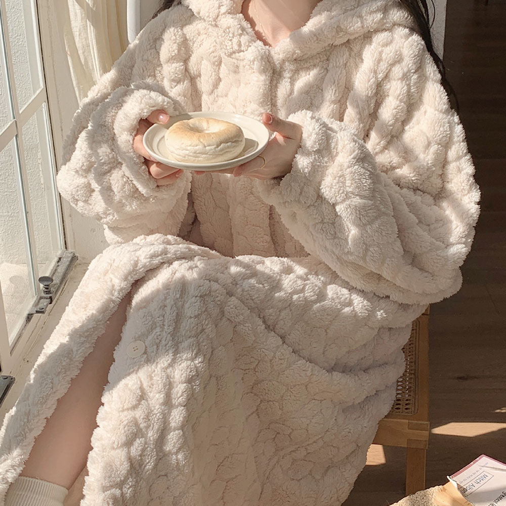 도톰한 겨울 양털 극세사 후드 로브 원피스 잠옷 파자마 라운지웨어 입는 담요 블랭킷 홈웨어