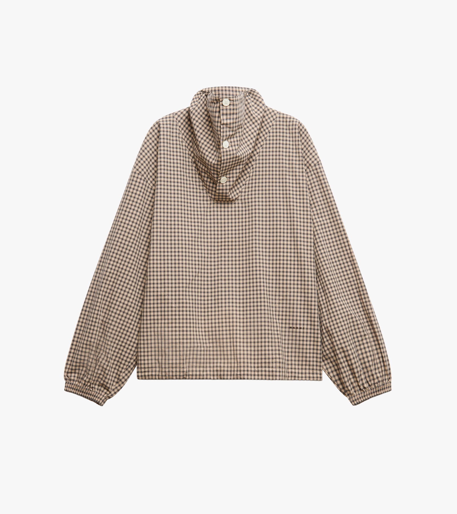 Brown check poplin funnel neck shirt