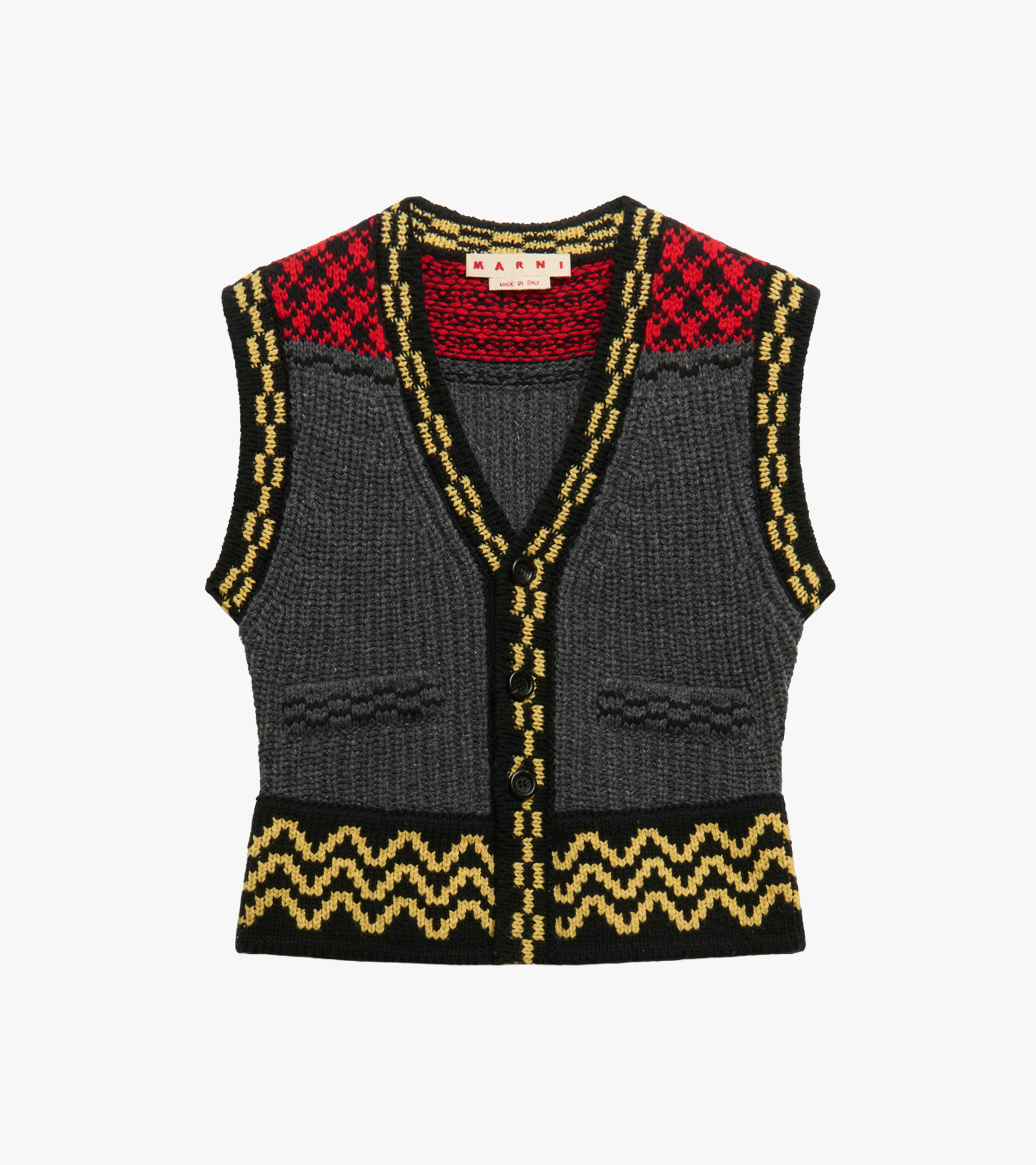 Grey Wool Geometric Motif Button Vest