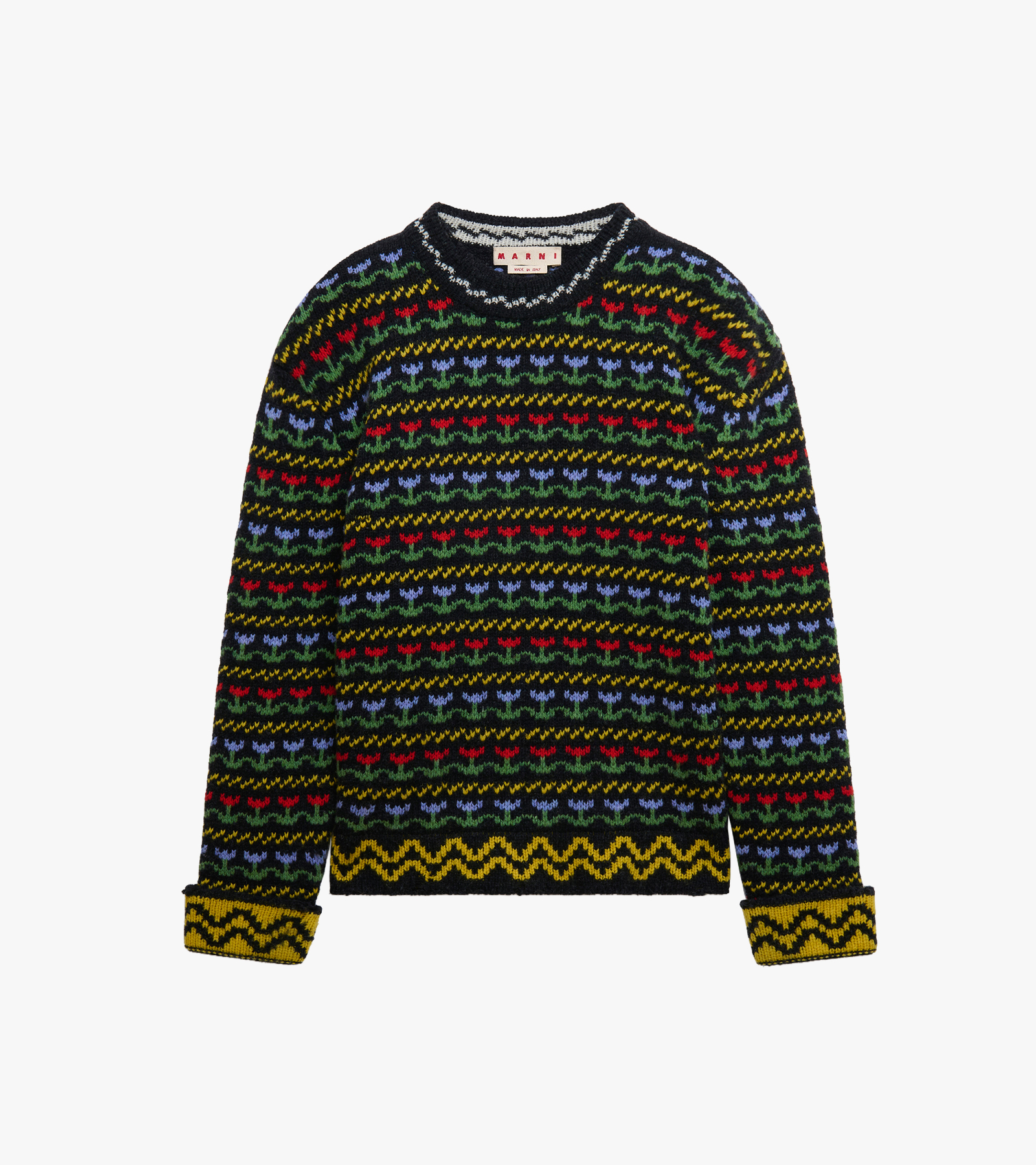 Black Shetland wool jumper with Fair Isle motif