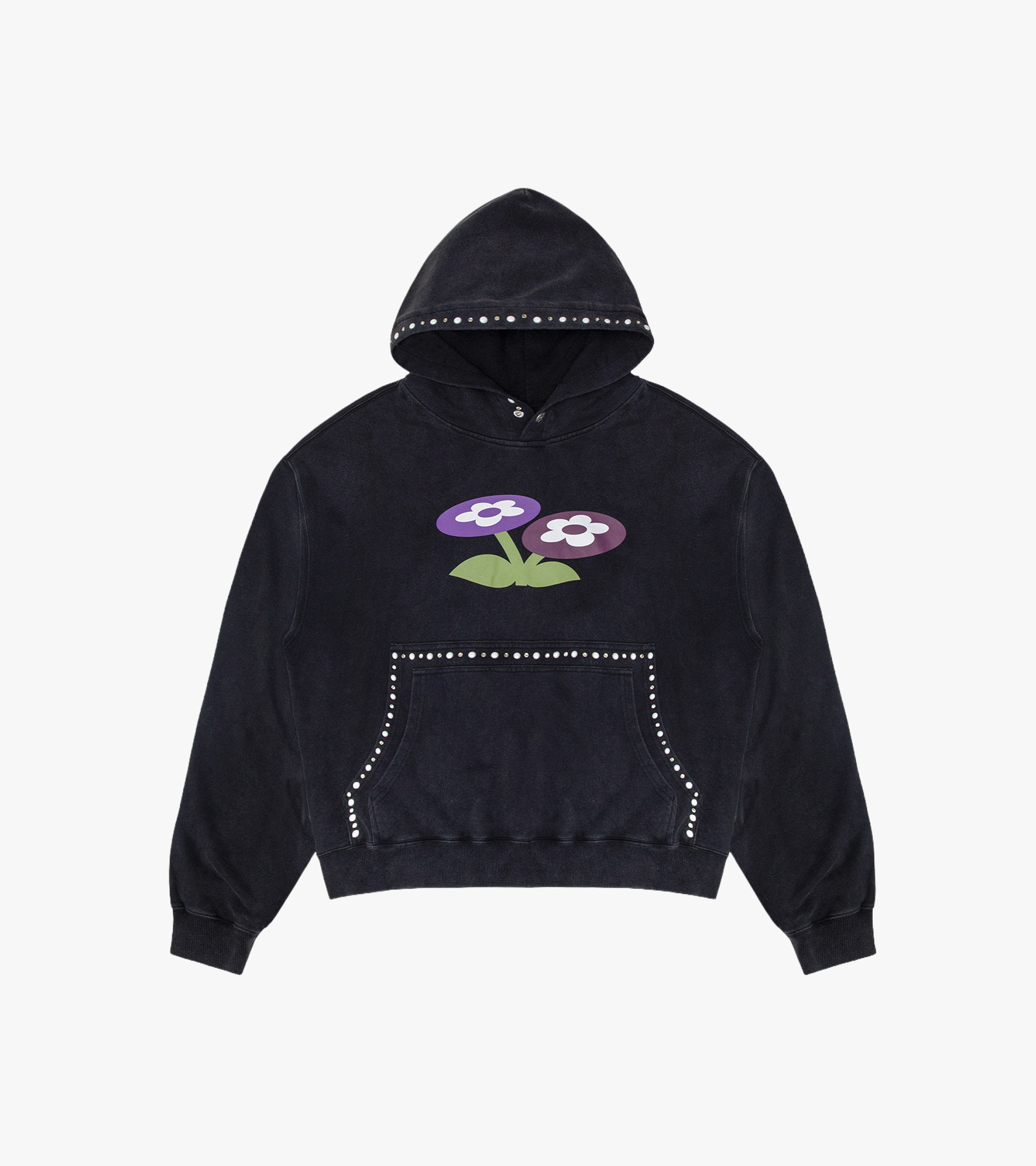Two Flower Buckle Studded Hoodie