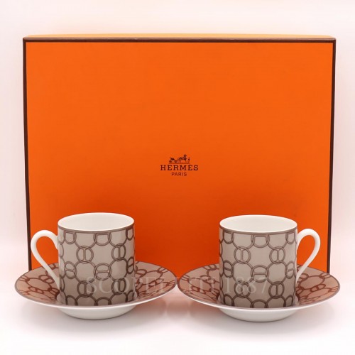 에르메스 Set of 2 커피잔S and 소서 Fil d’argent Gris Hermes Set of 2 Coffee cups and saucers Fil d’argent Gris 00178
