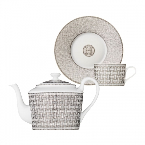 에르메스 Mosaique au 24 platinum set 티포트 and 2 cups Hermes Mosaique au 24 platinum set teapot and 2 cups 00219
