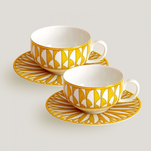 에르메스 New Set of 2 티 컵앤소서 쏠레이 d’ Hermes New Set of 2 Tea Cup and Saucer Soleil d’ 00342
