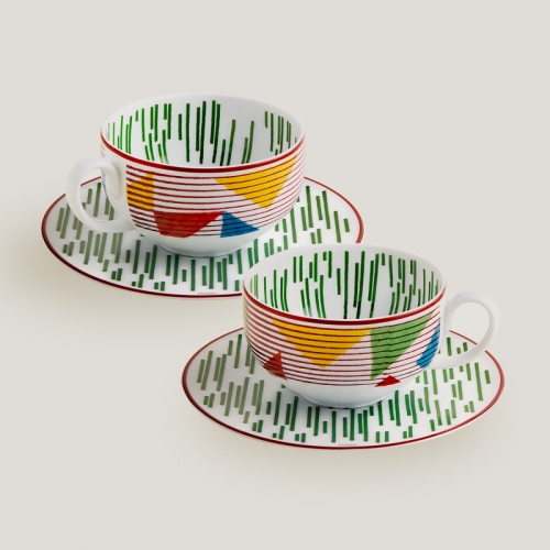 에르메스 Set of 2 Tea cups and 소서 n°1 Hippomobile Hermes Set of 2 Tea cups and saucers n°1 Hippomobile 00284