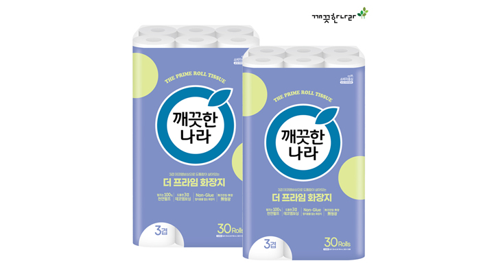 [깨끗한나라] 3겹 데코엠보 더 프라임 롤화장지 25m 30롤 x 2팩