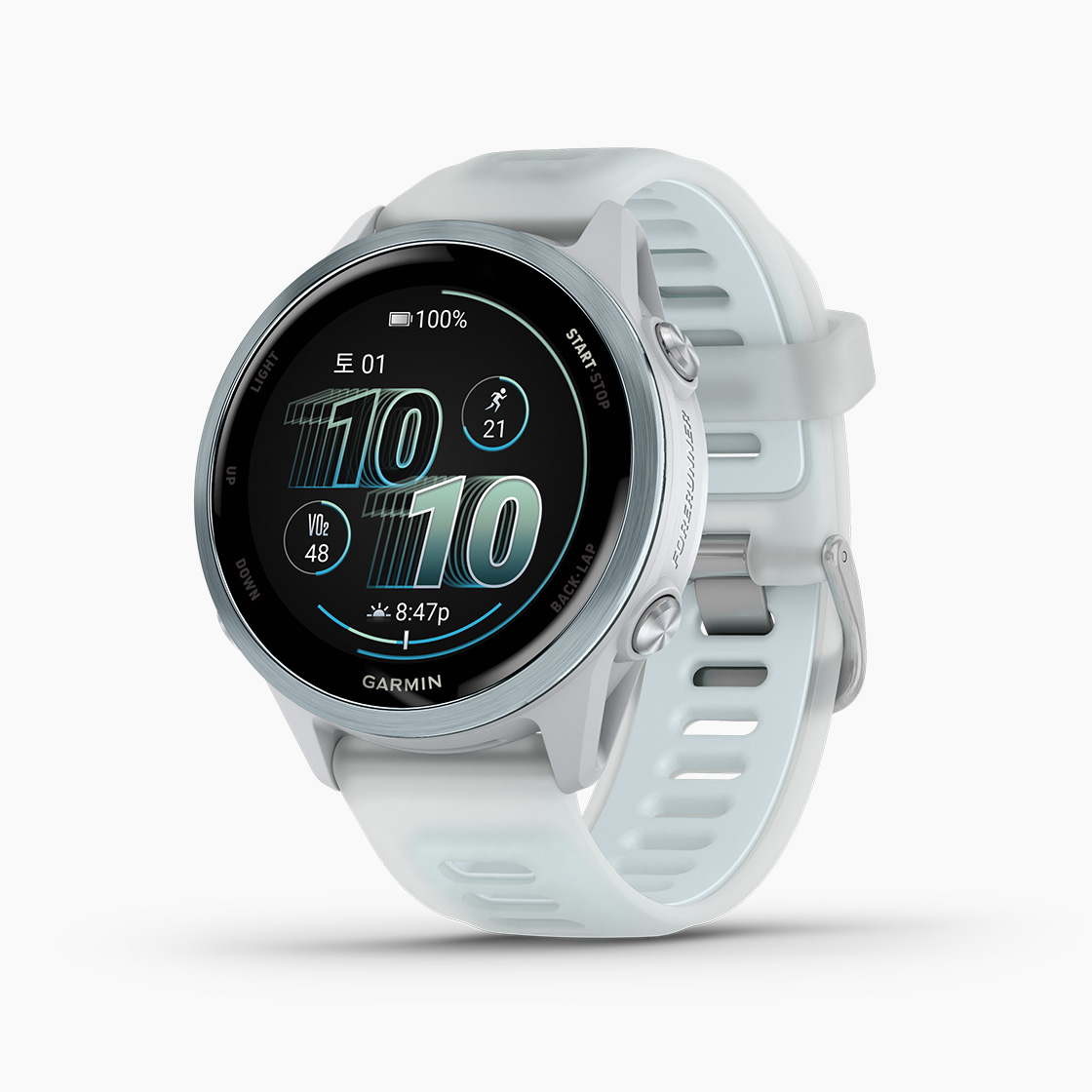 [가민] 포러너 570 러닝 GPS 스마트워치 화이트스톤/클라우드 블루, 42mm (010-02970-41)