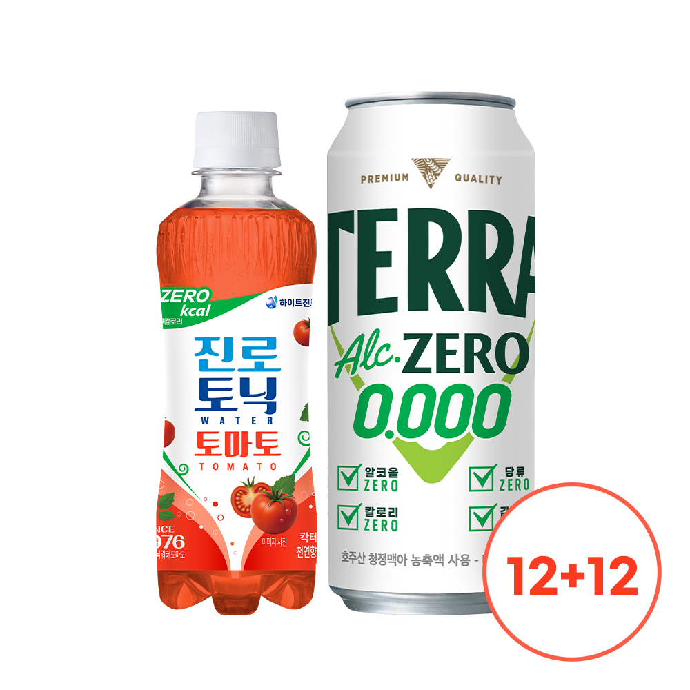 [테라맥토 500ml 12+12]테라 제로 500ml 12캔 + 진로토닉워터 토마토 300ml 12병