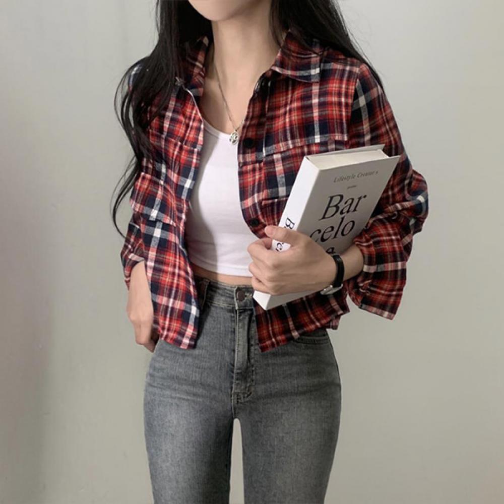여성 레드 체크 셔츠 루즈핏 캐주얼 남친룩