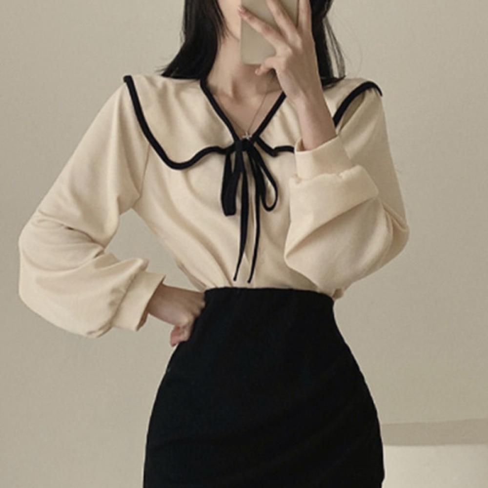 여성 배색카라 리본 블라우스 하객룩 데이트룩
