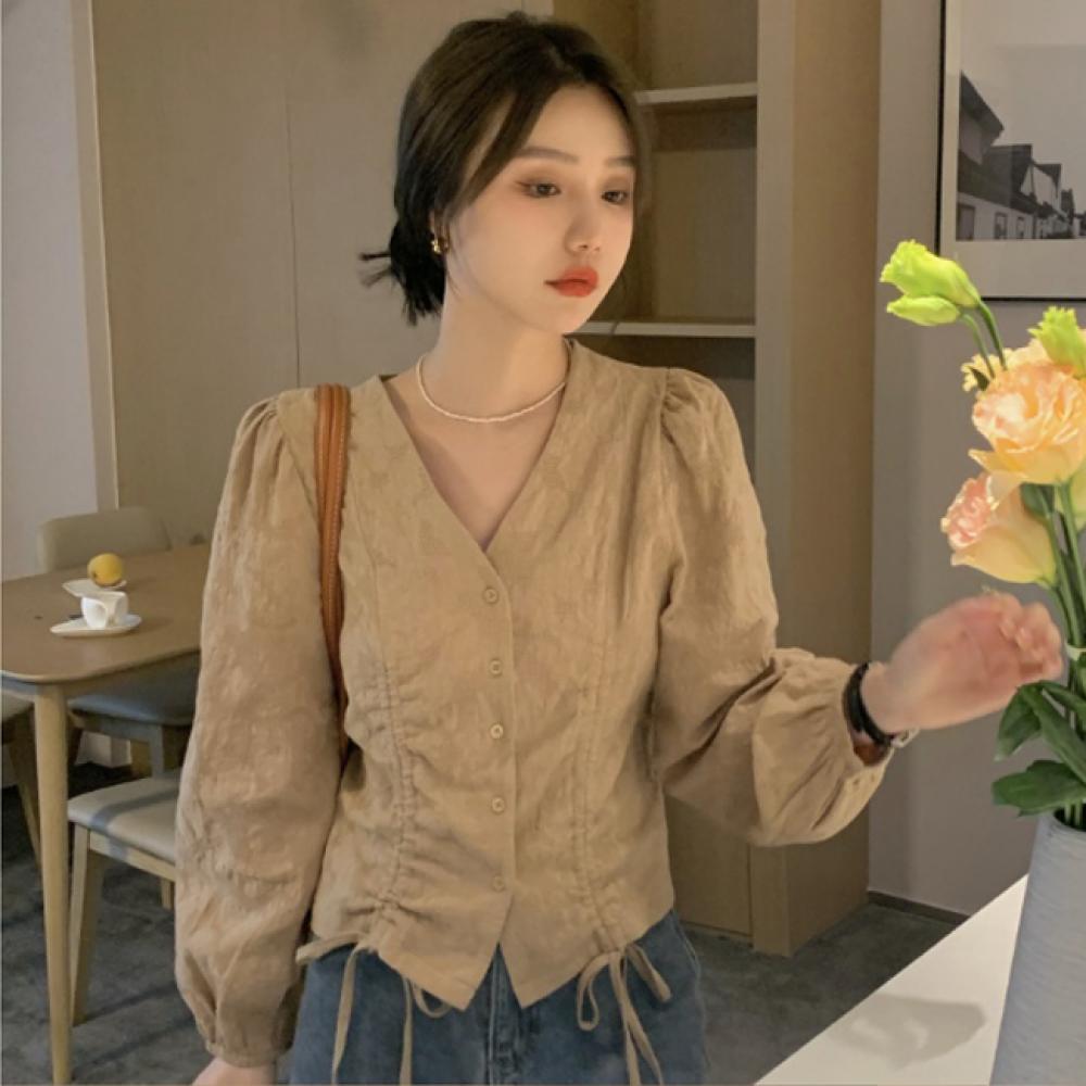 여성 2컬러 셔링 스트랩 데일리 블라우스 DHH-L04