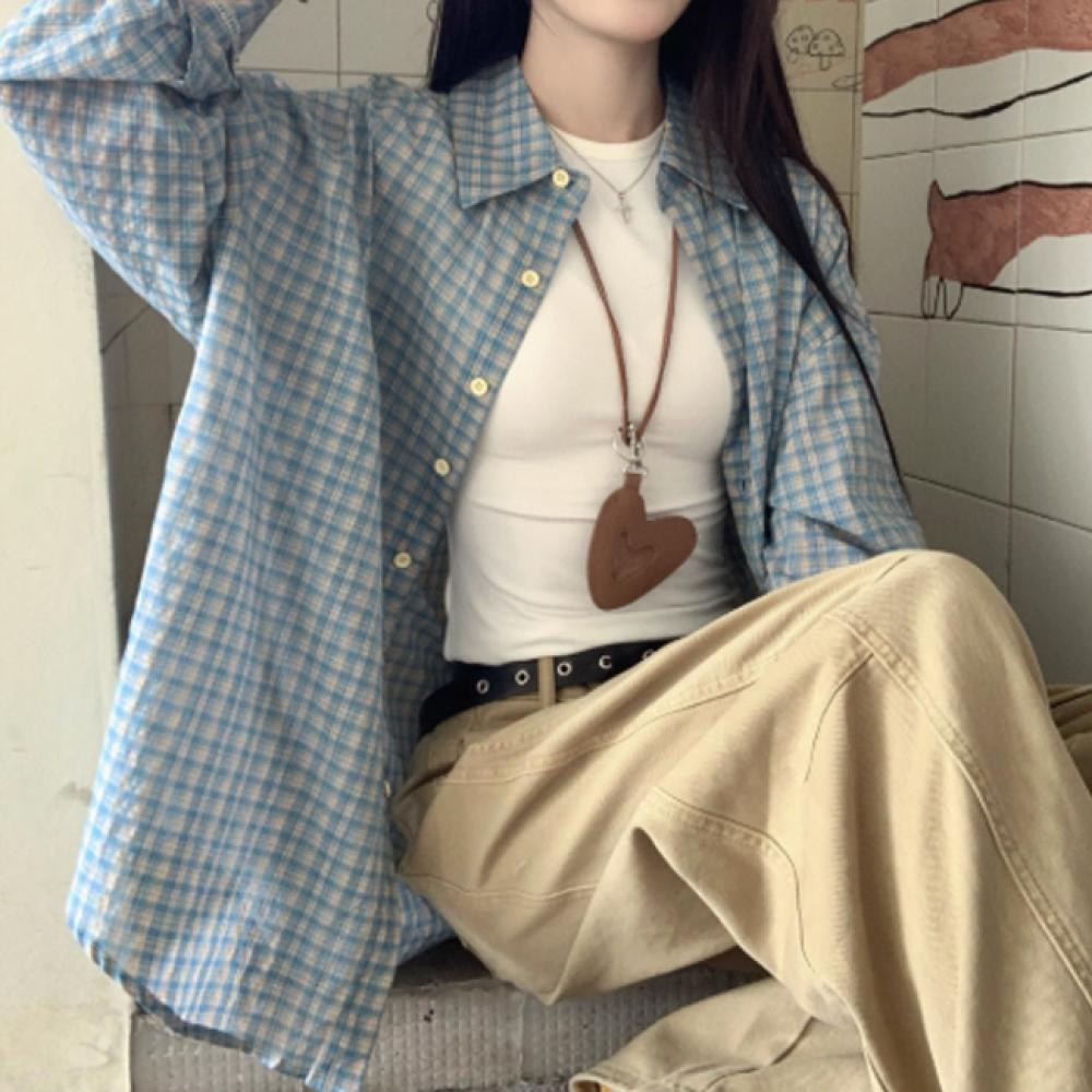 여성 블루 체크 루즈핏 캐주얼 셔츠 DHH-L09