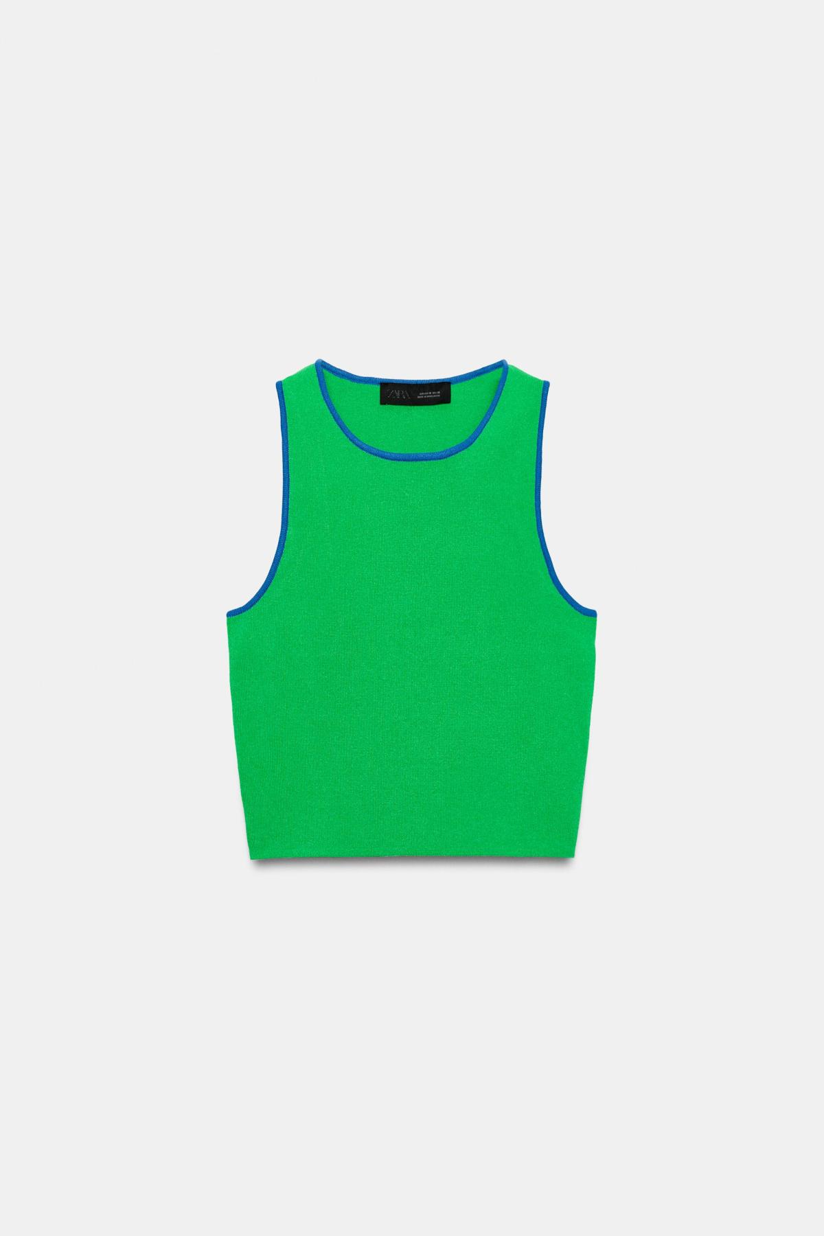 자라 파이핑 라운드넥 크롭 니트 민소매 탑 3519/011/500 GREEN