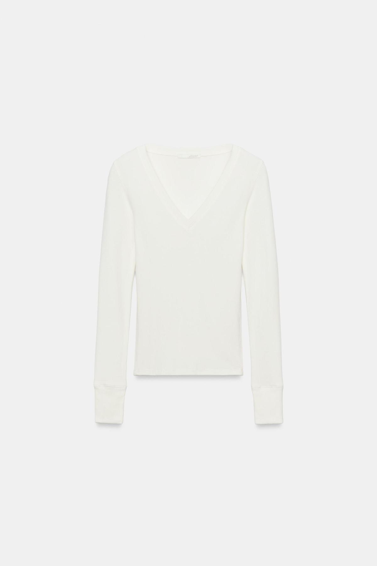 자라 슬림핏 브이넥 골지 긴팔 티셔츠 3253/804/251 OYSTER-WHITE