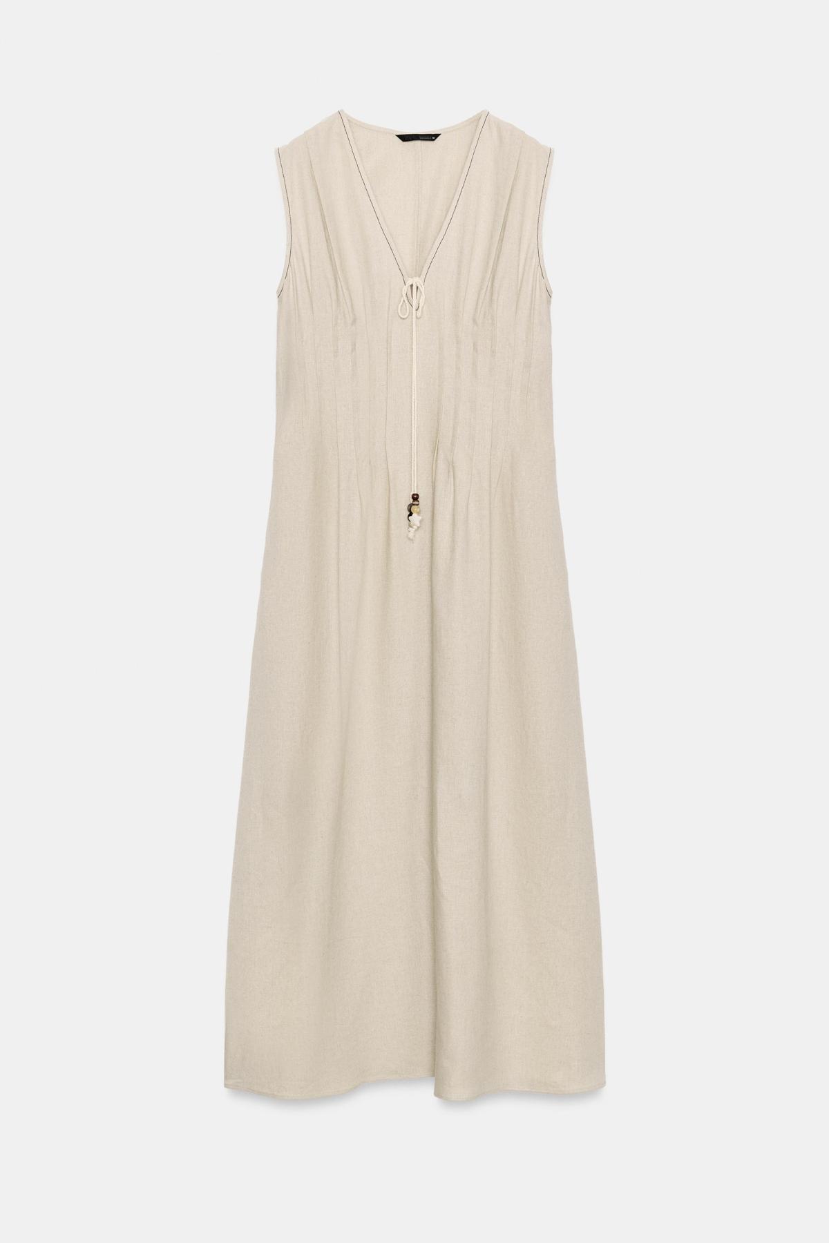 자라 린넨 혼방 핀턱 브이넥 미디 원피스 7321/727/052 LIGHT BEIGE