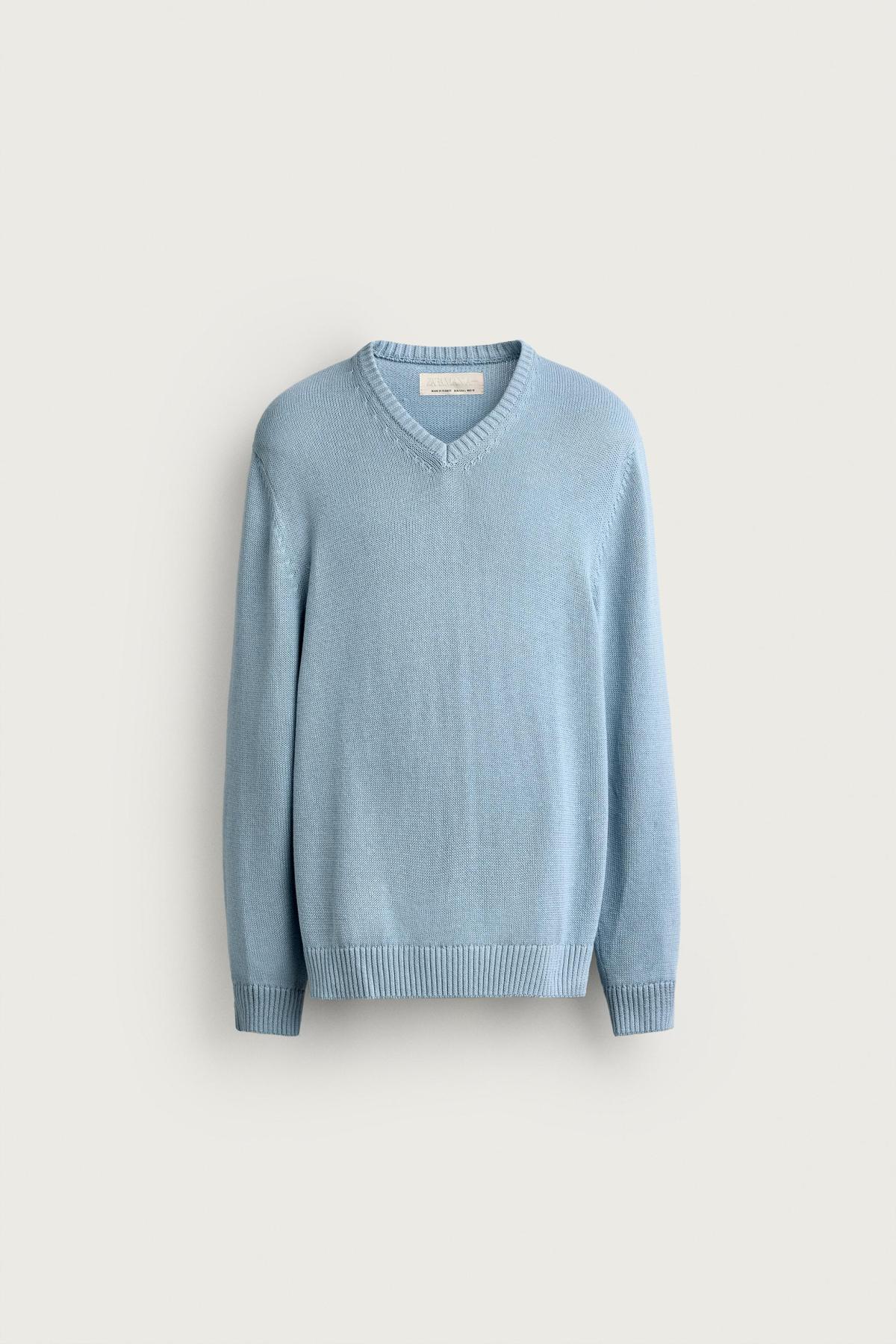 자라 브이넥 코튼 린넨 니트 스웨터 2632/309/406 LIGHT BLUE