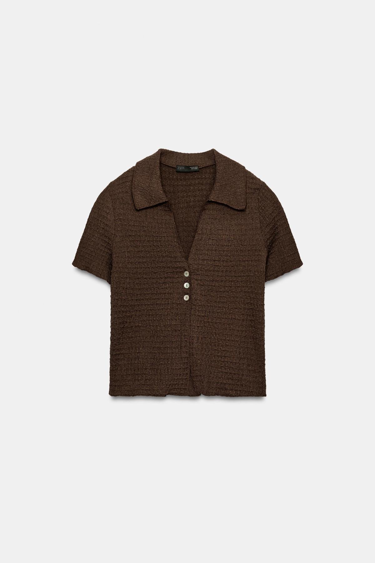 자라 텍스처 크롭 브이넥 반팔 재킷 5039/395/716 DARK BROWN