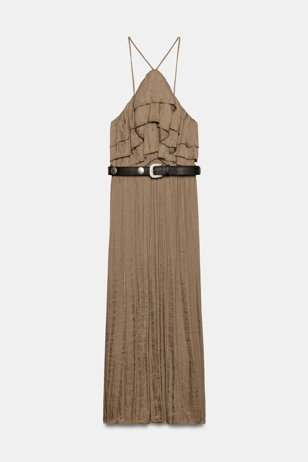 자라 새틴 러플 홀터넥 벨트 미디 원피스 5029/168/737 BROWN / TAUPE