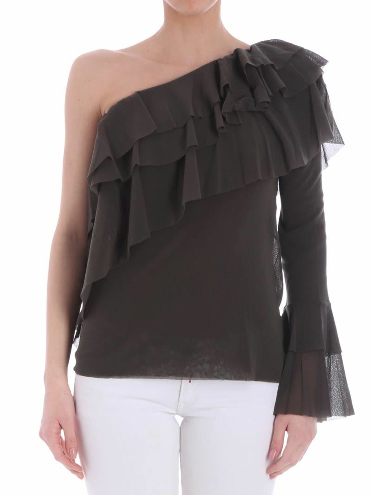 푸즈이 one-shoulder top with ruffles 셔츠 여성 그린 18SS F8115410056769