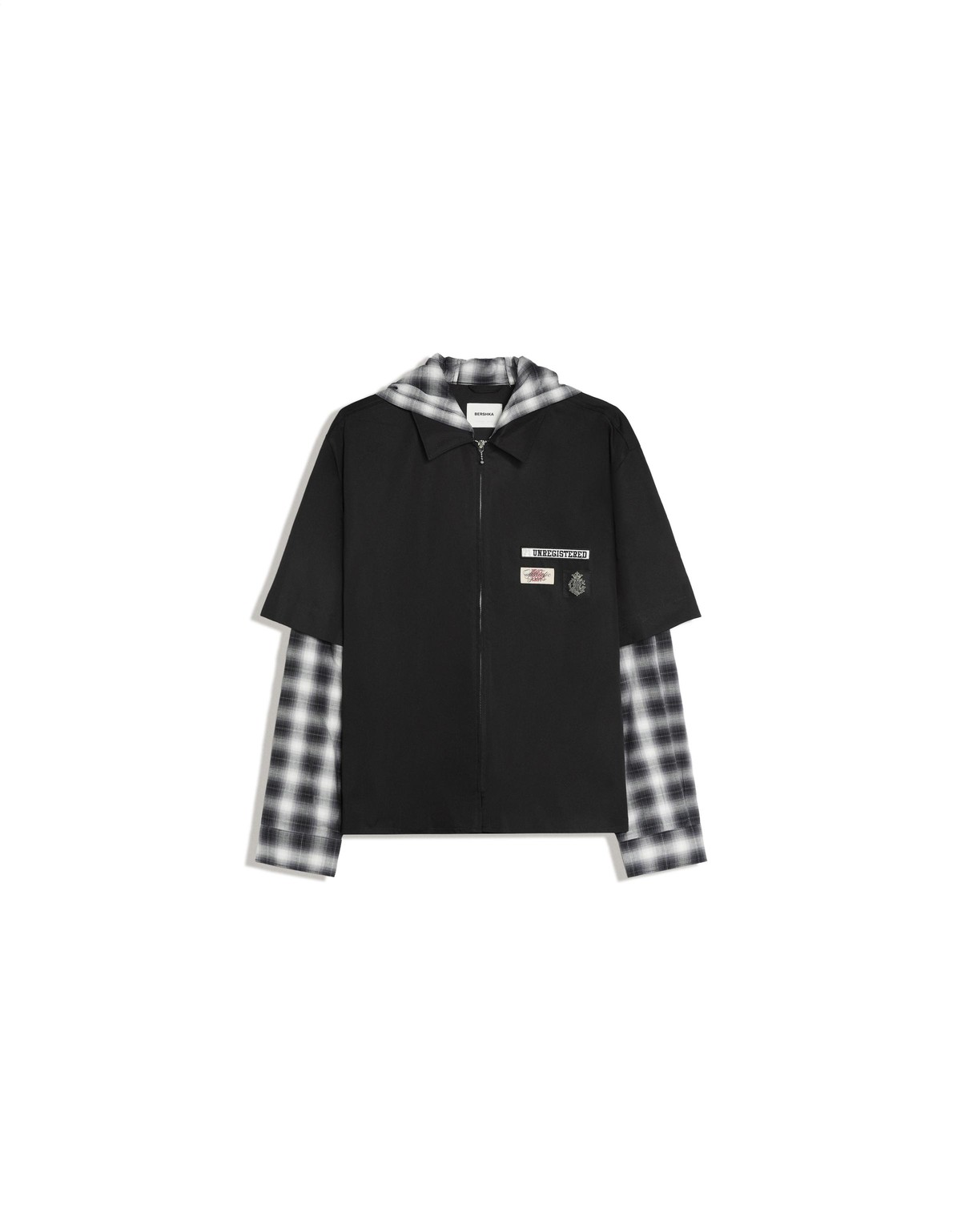 버쉬카 체크 더블 소매 후드 집업 셔츠 3583/046 BLACK