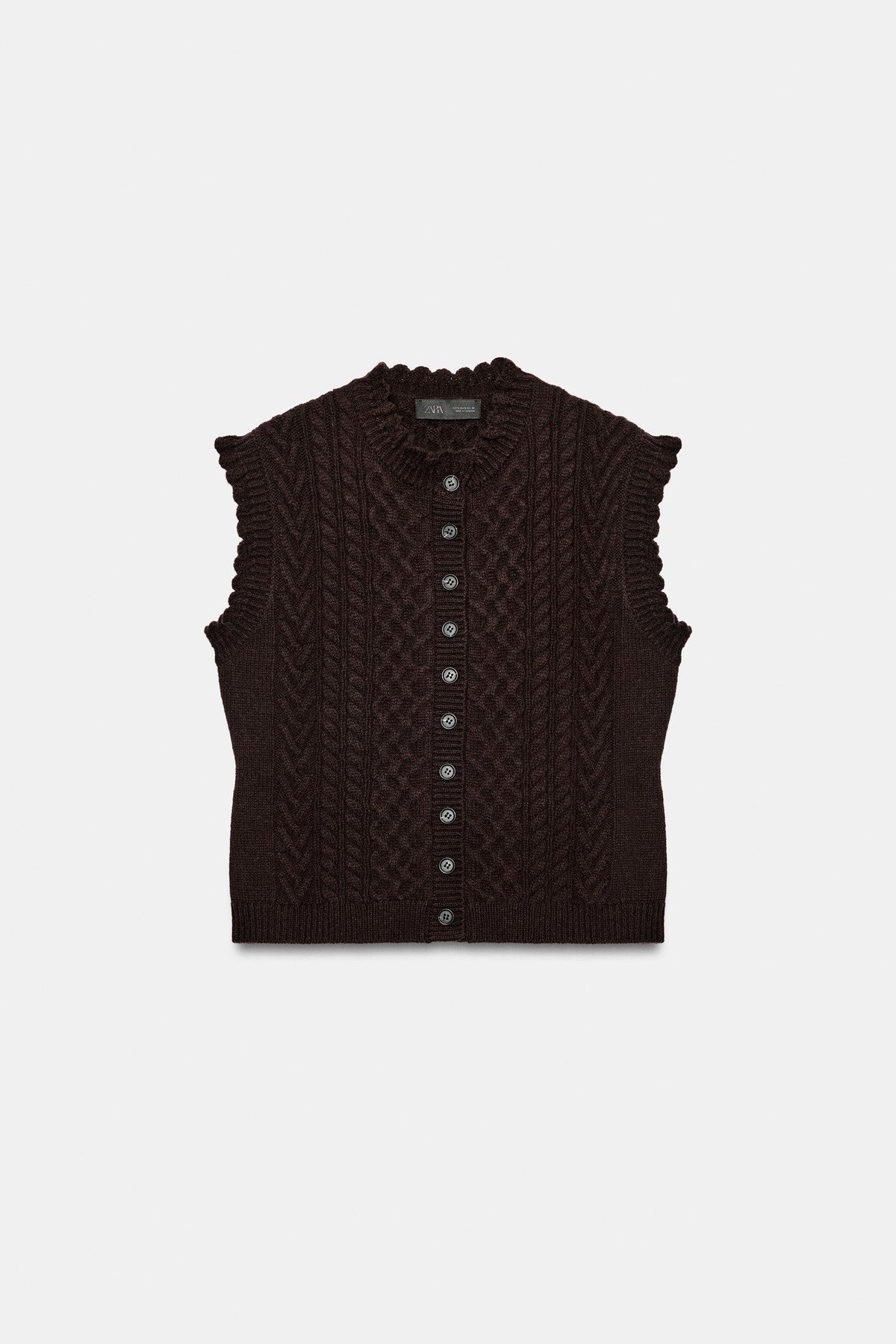 자라 케이블 니트 러플 버튼 베스트 2142/299/700 BROWN