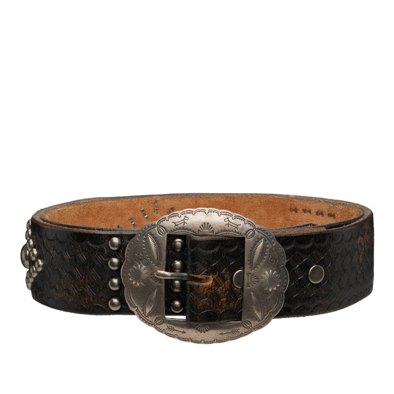 더블알엘 블랙 스터드 가죽 벨트 417848853001 BLACK OVER BROWN