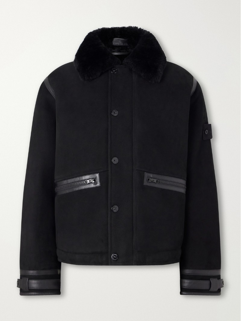 스톤아일랜드 STONE ISLAND GHOST 가죽 및 시어링 트리밍 스웨이드 재킷 46376663163109823