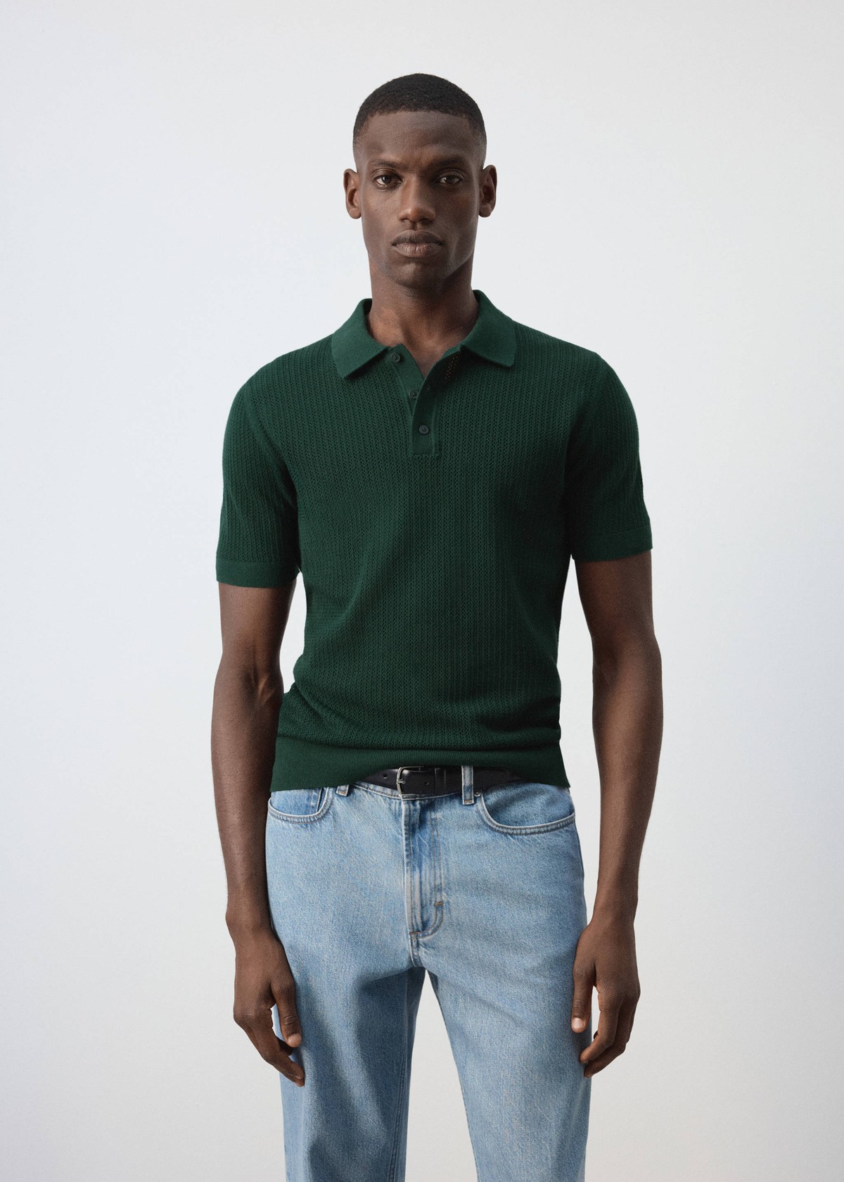 망고 레귤러핏 텍스처 반팔 폴로셔츠 37037772_49 VERDE OSCURO