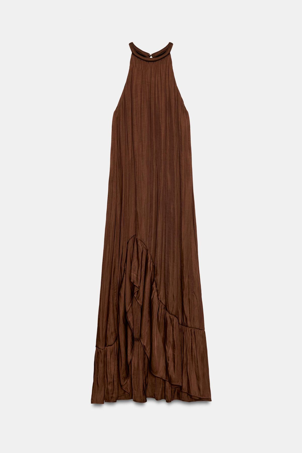 자라 새틴 홀터넥 비대칭 헴 롱 원피스 7235/645/700 BROWN
