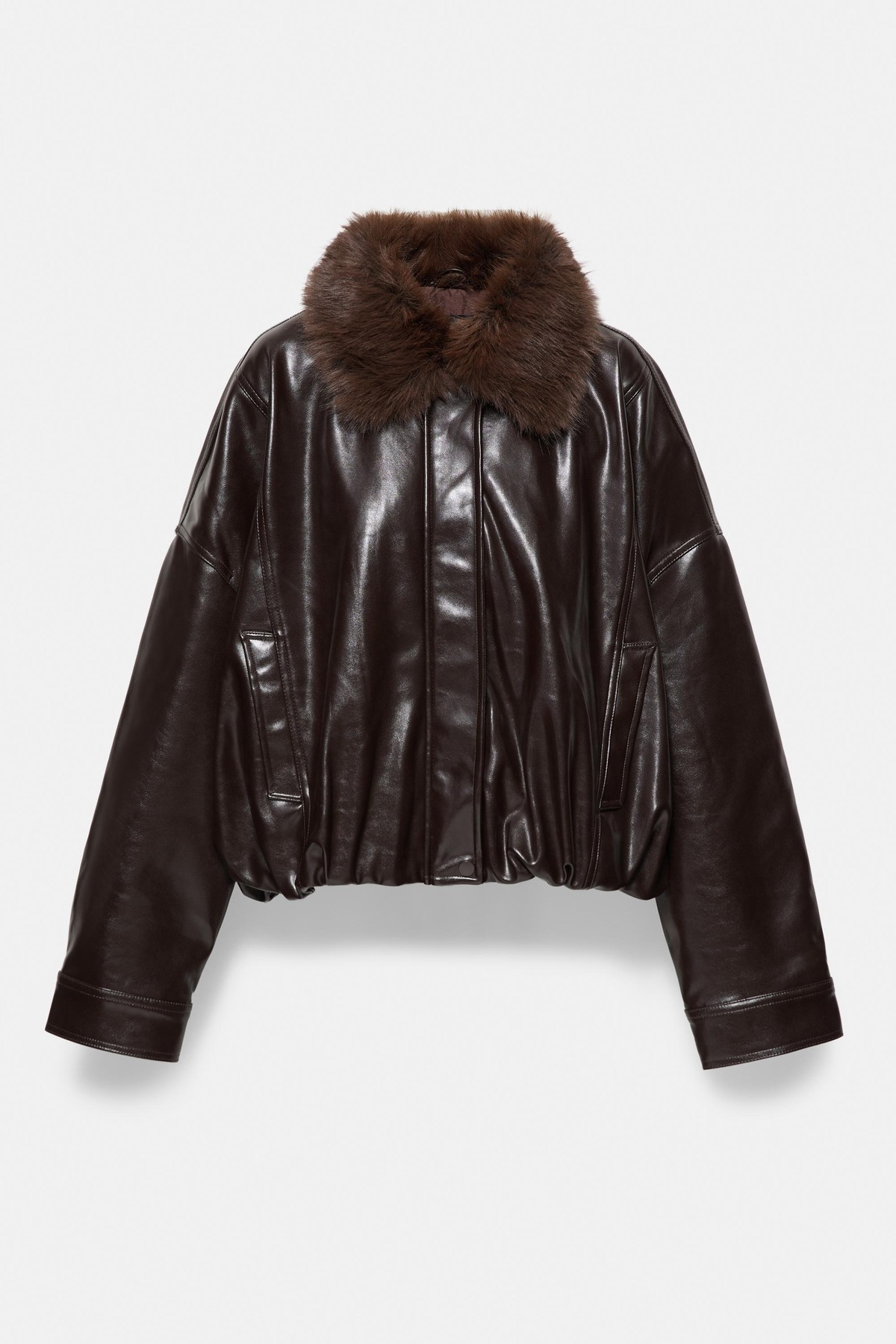풀앤베어 퍼 칼라 레더 이펙트 봄버 자켓 7720/363 BROWN