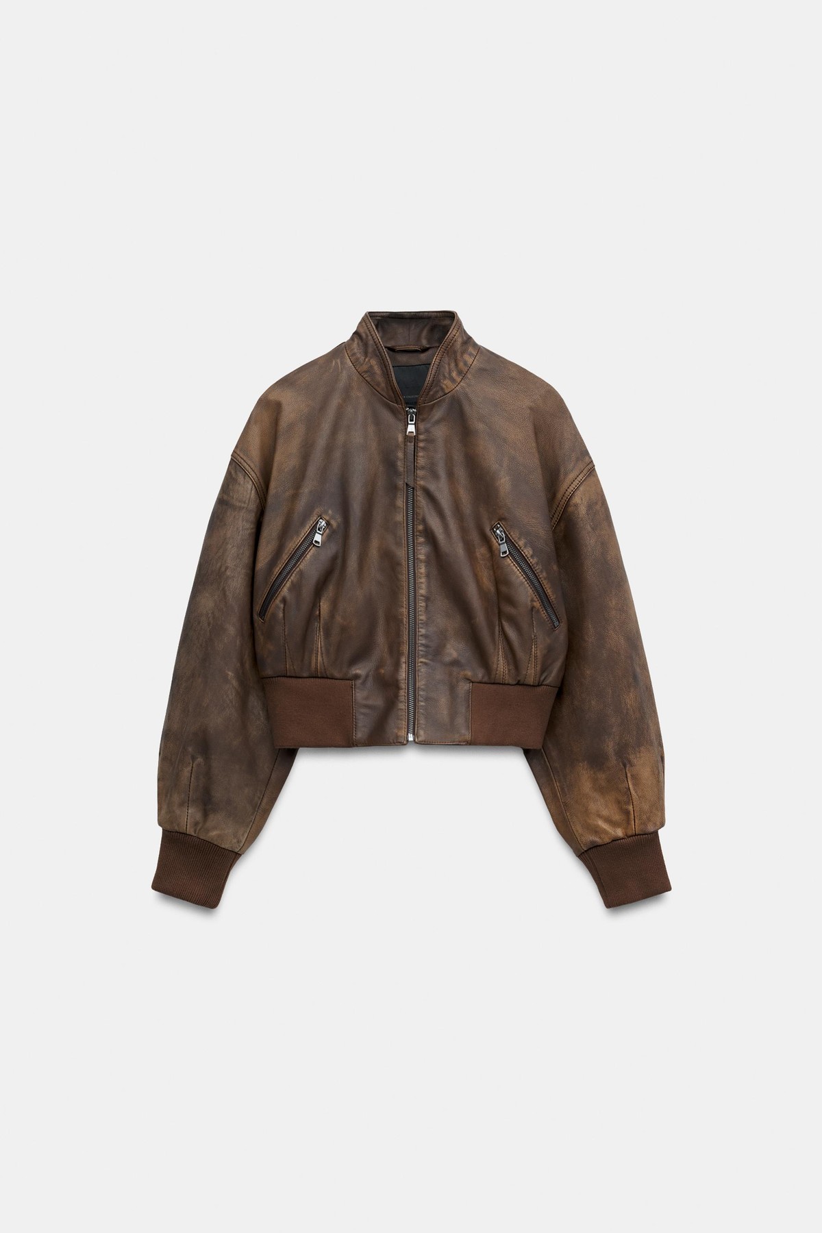 자라 100% 레더 크롭 봄버 자켓 1966/260/700 BROWN