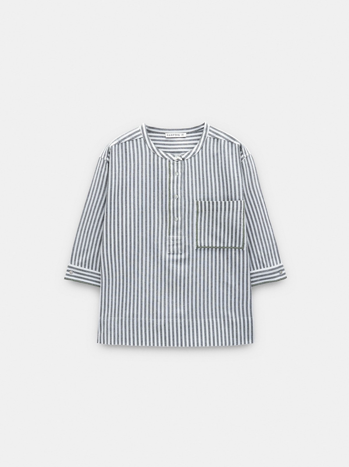 팔포이즈 스트라이프 만다린 칼라 블라우스 252617 KHAKI
