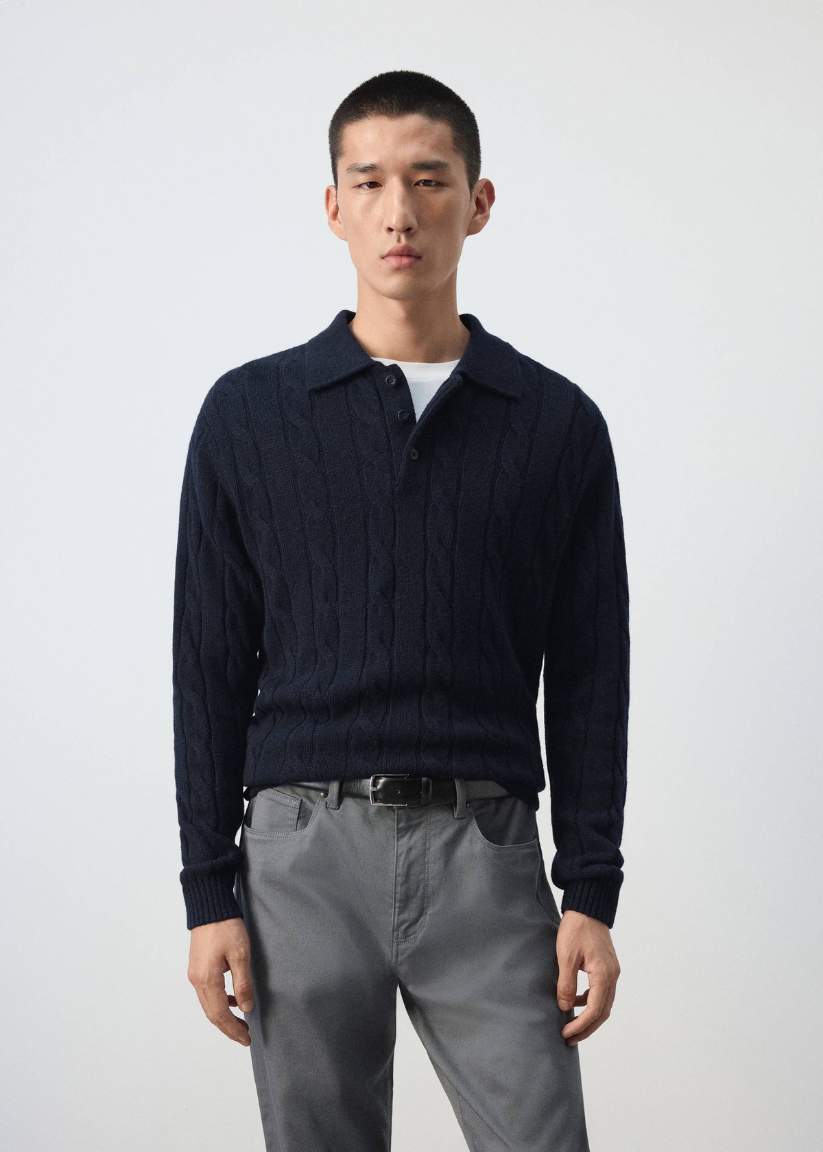 망고 브레이드 니트 울 폴로 스웨터 37097885_56 AZUL MARINO