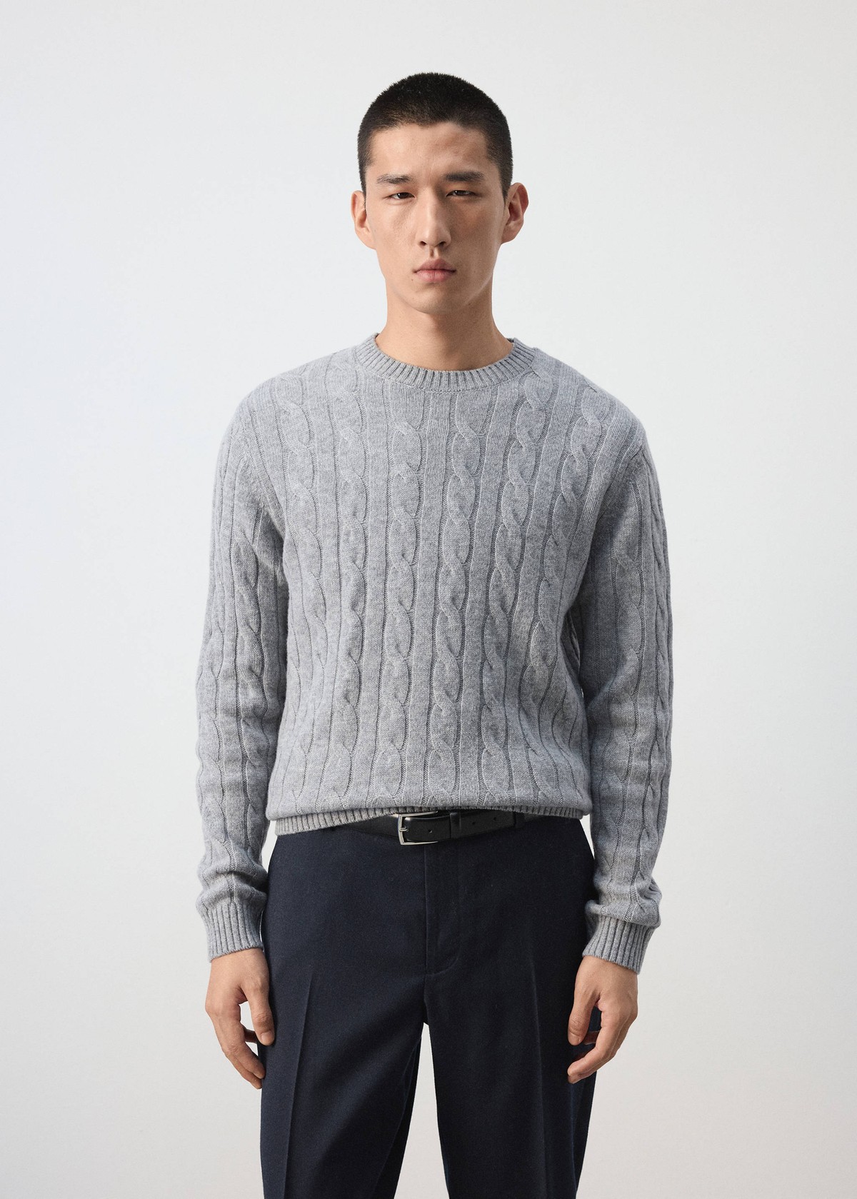 망고 케이블 니트 라운드넥 울 스웨터 37057886_94 GRIS MEDIO VIGORE