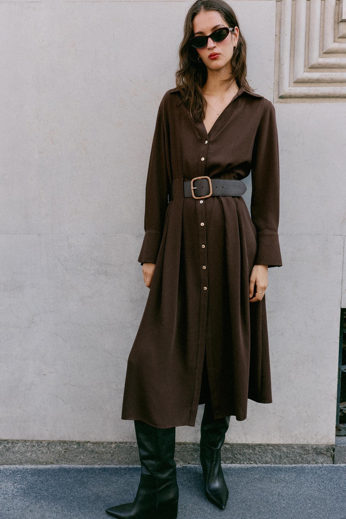 자라 벨티드 브이넥 미디 셔츠 원피스 8615/572/700 BROWN