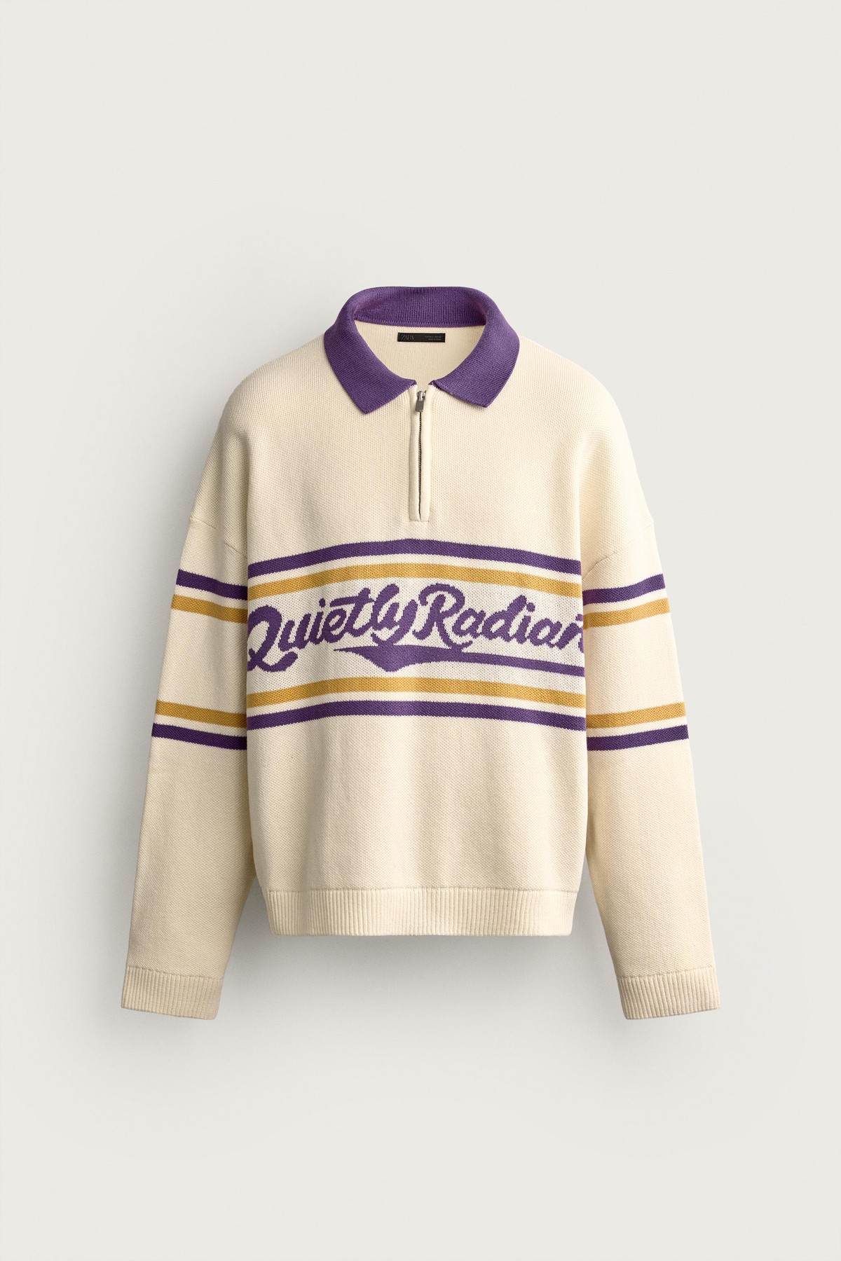 자라 자카드 니트 지퍼넥 폴로 셔츠 4938/327/251 OYSTER-WHITE