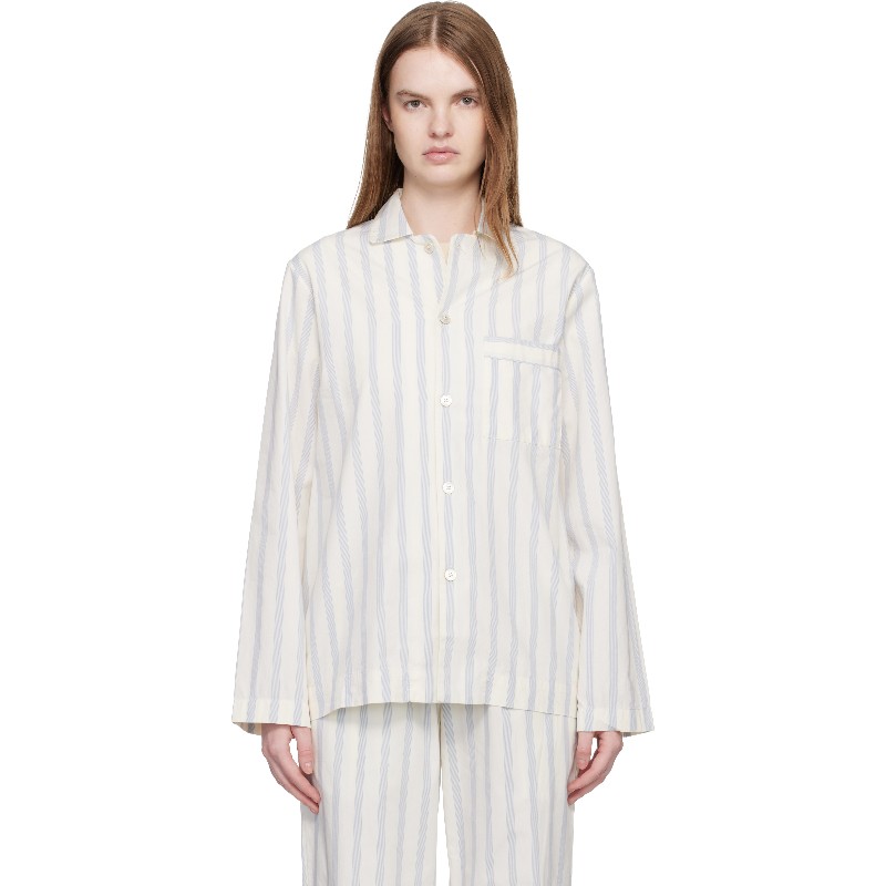 테클라 오프 화이트 &amp; 블루 포플린 파자마 셔츠 PPL-SHIRT-LS-220 Needle Stripes