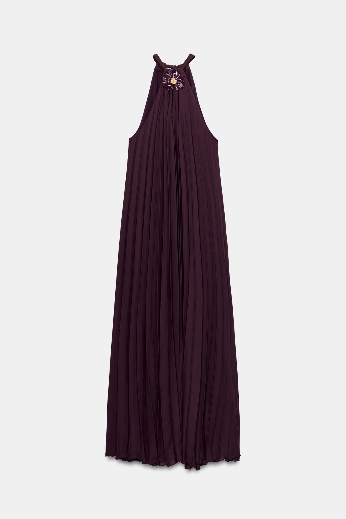 자라 플리츠 브로치 홀터넥 롱 원피스 2298/159/610 AUBERGINE