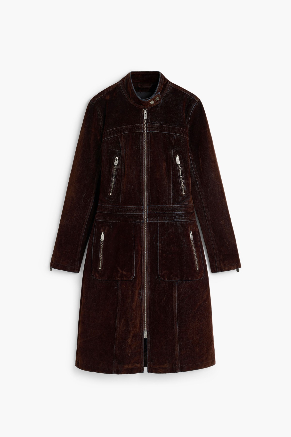 데시구알 벨벳 순면 지퍼 미디 코트 26WWEW206044 DARK BROWN