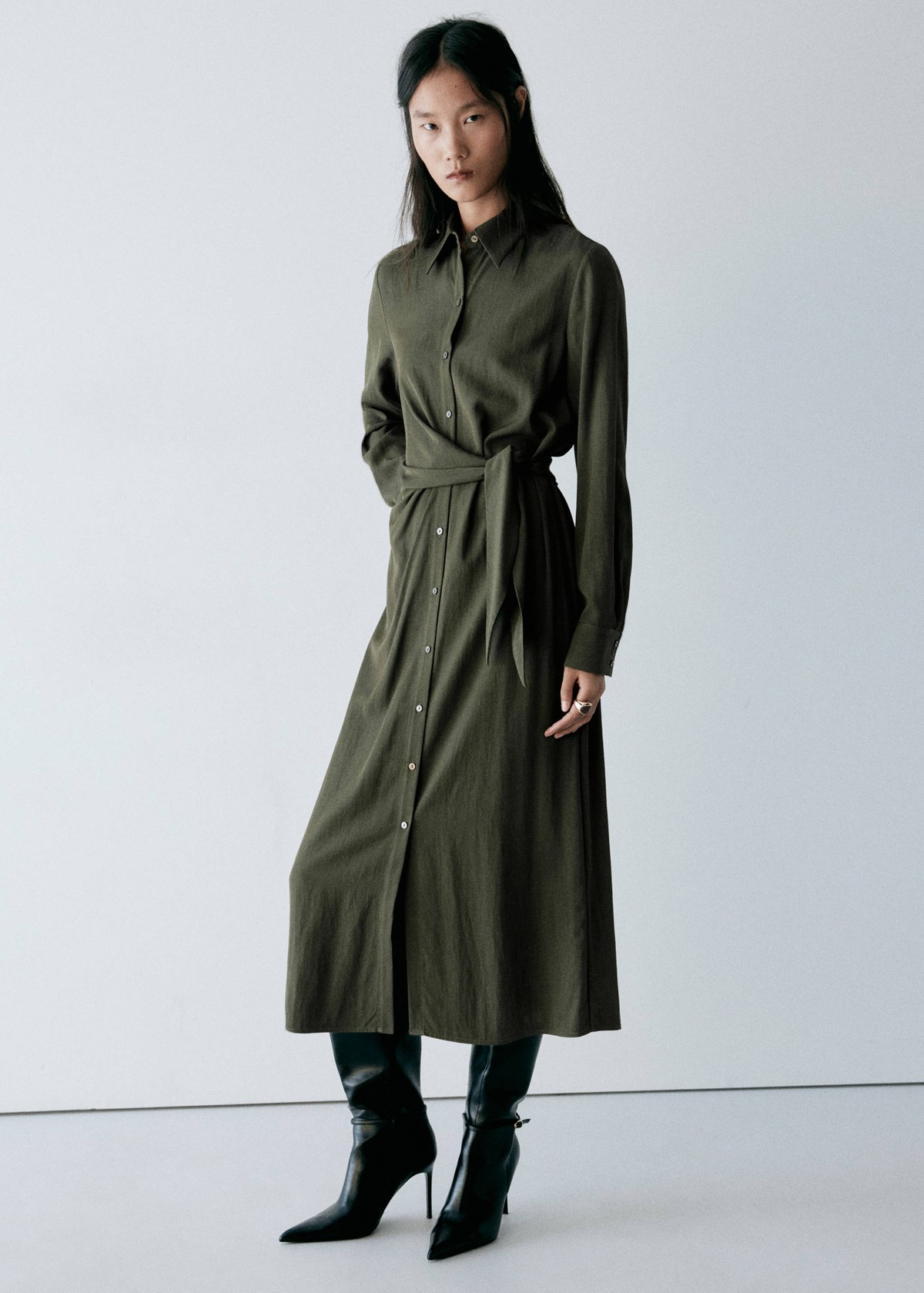 망고 사이드 리본 미디 셔츠 원피스 37007793_43 VERDE