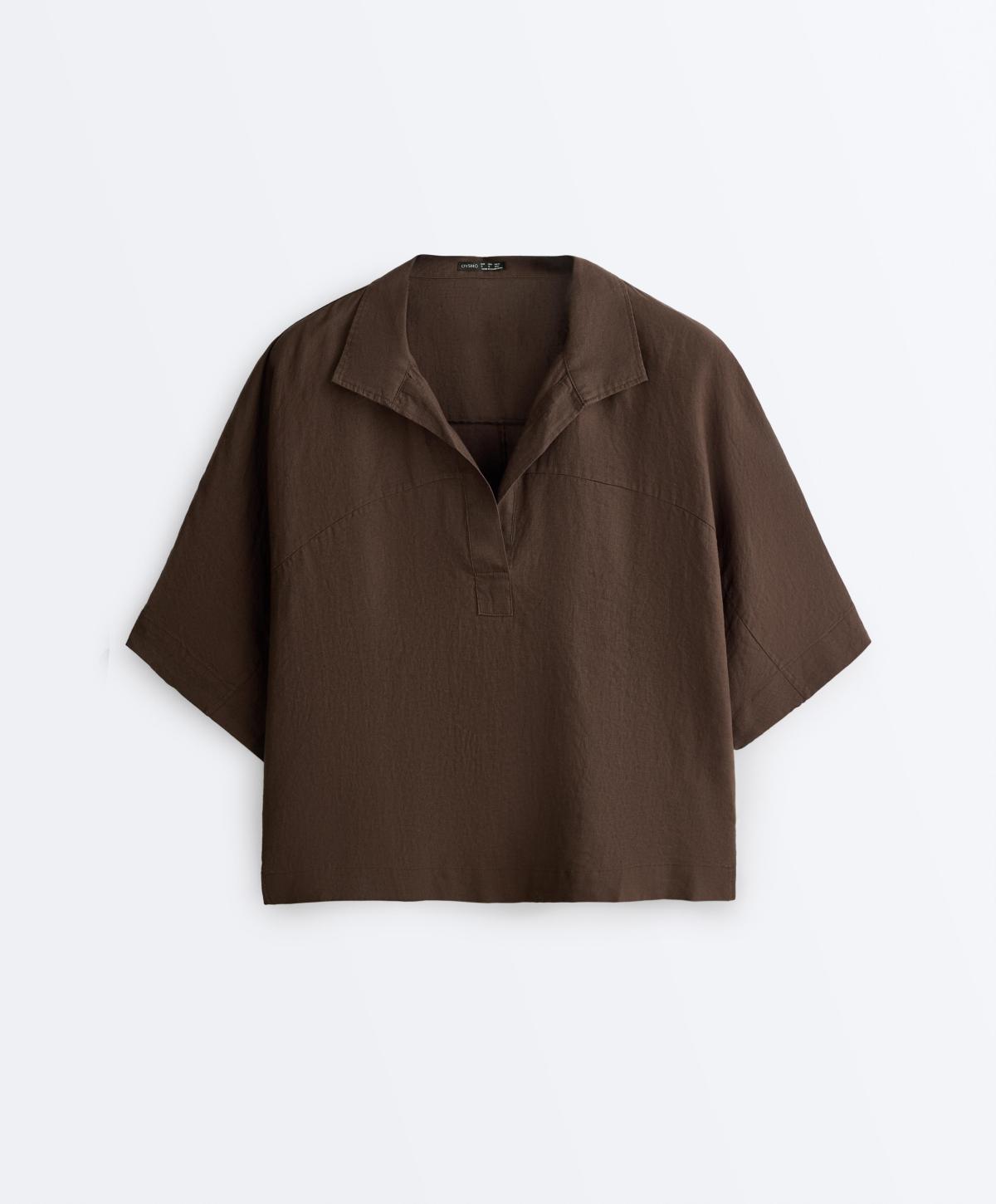 오이쇼 오버사이즈 린넨 반팔 폴로 셔츠 5414/109/716 DARK BROWN