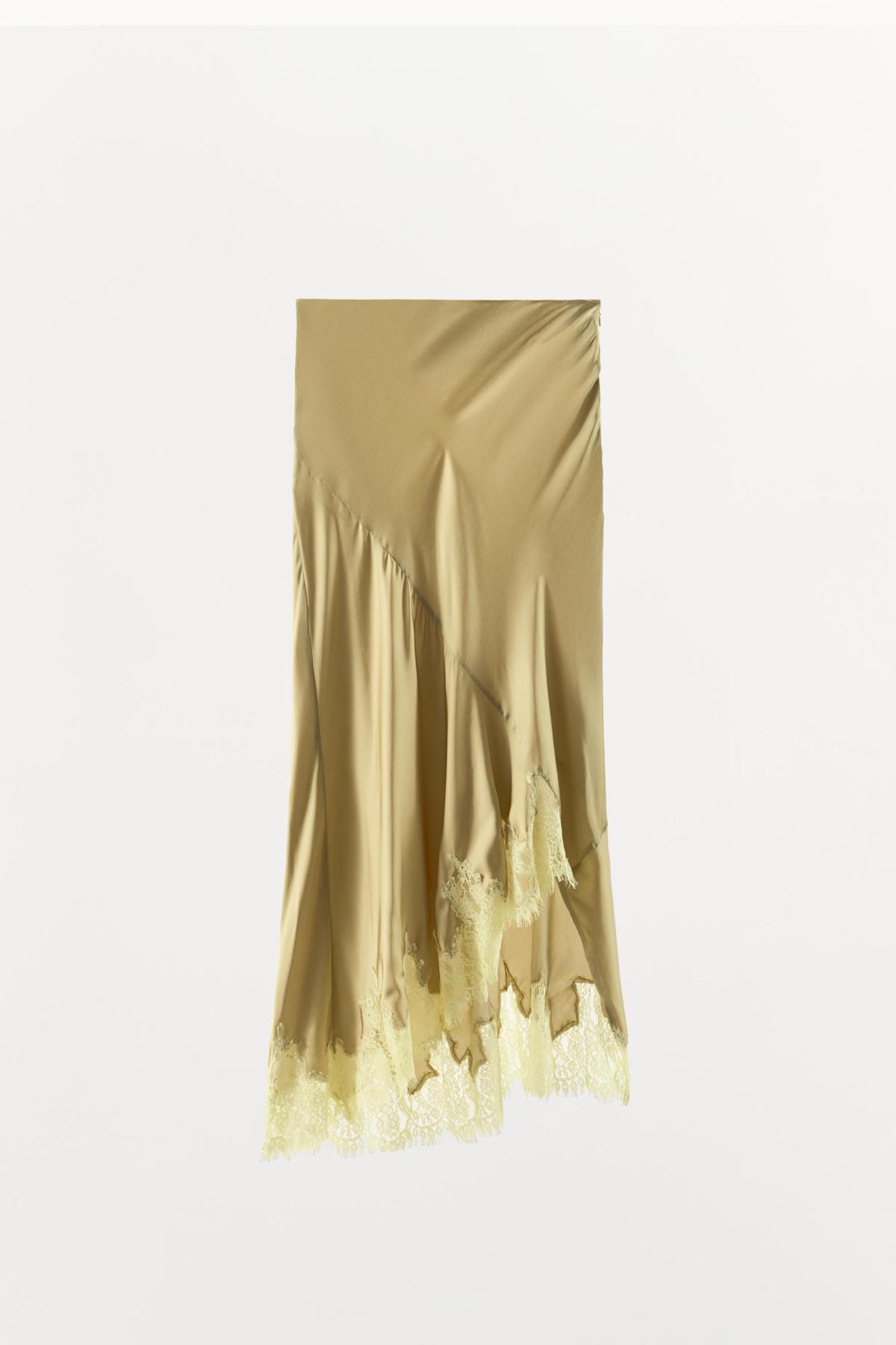 자라 레이스 헴 새틴 미디 스커트 5344/147/505 KHAKI