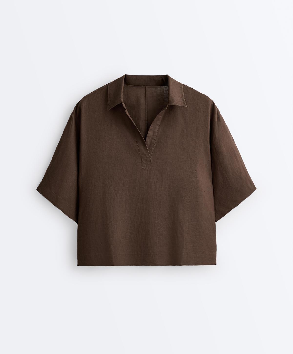 오이쇼 오버사이즈 린넨 반팔 폴로 셔츠 5369/109/716 DARK BROWN
