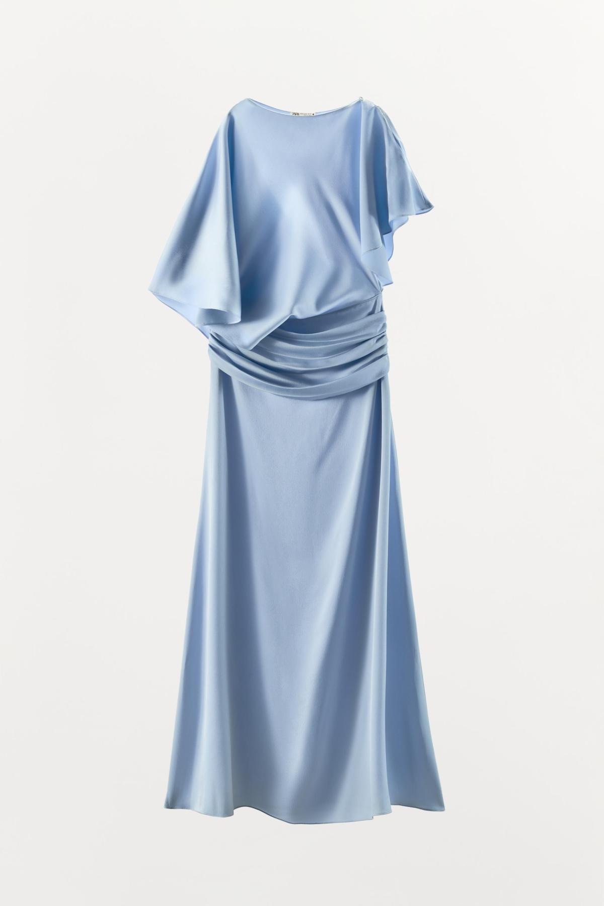 자라 새틴 비대칭 케이프 롱 원피스 0320/101/406 LIGHT BLUE